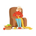 Grandmother knitting scarf sitting in a chair. Colorful character vector Illustration