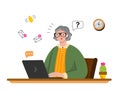 Surprised Elderly woman sits at a table and reads email on her Laptop.