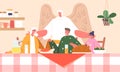 Grandmother, Little Boy and Girl Family Characters Gathered Around A Table With A Turkey, Praying While An Angel