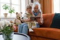 Grandmother looking fairytale with her grandson on digital tablet. Royalty Free Stock Photo