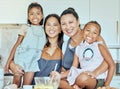 Grandmother, mama and children cooking fun and child development for bonding, embrace and together in kitchen. Portrait Royalty Free Stock Photo