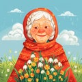 Grandmother Marta on spring field with snowdrops. Baba Marta Day, Martenitsa