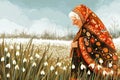 Grandmother Marta on spring field with snowdrops. Baba Marta Day, Martenitsa