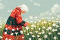 Grandmother Marta on spring field with snowdrops. Baba Marta Day, Martenitsa