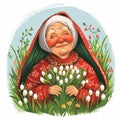 Grandmother Marta on spring field with snowdrops. Baba Marta Day, Martenitsa