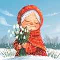 Grandmother Marta on spring field with snowdrops. Baba Marta Day, Martenitsa