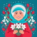 Grandmother Marta on spring field with snowdrops. Baba Marta Day, Martenitsa