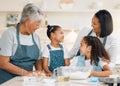 Grandmother, mom or happy kids baking in kitchen in a family home with siblings learning cooking skills. Cake, woman Royalty Free Stock Photo