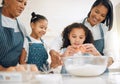 Grandmother, mom or kids baking in kitchen as a happy family with young girl learning cookies recipe. Mixing cake Royalty Free Stock Photo