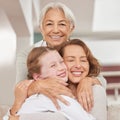 Grandmother, mother and girl with hug, bonding and embrace being loving, smile and happy together at home. Love, grandma Royalty Free Stock Photo