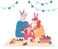 Grandmother, Mother and Girl Wearing Rabbit Ears Painting Eggs for Spring Holiday. Happy Family Prepare for Easter