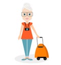 Grandmother with a packsack travel. Travelling with the knapsack. Vector illustration eps 10 isolated on white Royalty Free Stock Photo