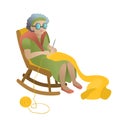 Grandmother is a pensioner. Sits in a rocking chair and knits a scarf out of yarn. Vector isolated character.