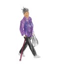 Grandmother in purple jacket and black trousers, goes with a cane, gouache