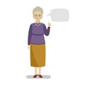 Grandmother in a purple sweater and yellow skirt points to a blank sheet of template for text.