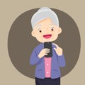 Grandmother holds a phone in his hand. Vector illustration in cartoon style,Happy senior woman messaging on mobile smartphone. Royalty Free Stock Photo