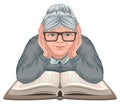Grandmother reading book. Old woman in glasses placed his hands on an open book