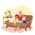 Grandmother reading book to children, grandma and girl boy child sitting on sofa couch Royalty Free Stock Photo