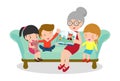 Grandmother reading fairy tales to her grandchildren, reading and telling book fairy tale story