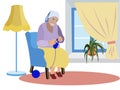 Grandmother sits near the window and knits clothes. Expecting grandchildren, loneliness. In minimalist style. Cartoon