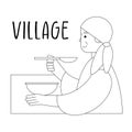Grandmother sits at the table and eats and with the text village. Drawing by black lines,doodle