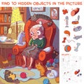Grandmother Sitting On The Armchair And Knits Socks Surrounded By Her Cats. Find Hidden Objects