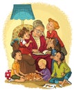 Grandmother sitting in chair reads a book to her grandchildren Royalty Free Stock Photo