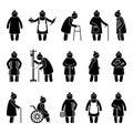 Grandmother stick figure woman walking, standing with walker, cane, crutch, drop counter, cat, sitting on wheelchair vector icon