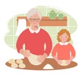 Grandmother teaches her granddaughter to roll out the dough for buns. Illustration of an elderly woman and a little girl cooking