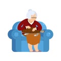 Grandmother and Turtle pet sitting on chair. grandma and tortoise. old woman and animal amphibian. gammer and Beast Royalty Free Stock Photo