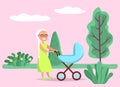 Granny Walking with Infant in baby Carriage Vector