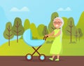 Grandma Walking with Buggy in Green Park Vector