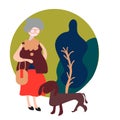 Grandmother is walking in the park with her dog. Flat modern vector