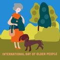 Grandmother is walking in the park with her dog. Flat modern vector