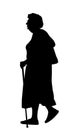 Grandmother walking with stick vector silhouette illustration isolated on white background. Royalty Free Stock Photo