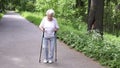 Grandmother walks with Nordic walking sticks old grey