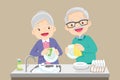 Grandmother washing dish with grandfather