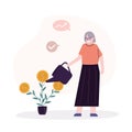 Grandmother watering money tree. Old lady investing and saving cash. Elderly woman invest or hoard currency. Concept of
