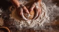 Grandmothers hands expertly kneading bread dough on a wooden table