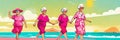 Grandmothers in pink walk along the beach at sea smiling cheerfully