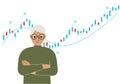 A grandpa on the background of a Forex chart. Conceptual illustration on the topic of strategic planning in trading on