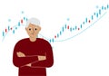 A grandpa on the background of a Forex chart. Conceptual illustration on the topic of strategic planning in trading on