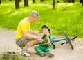 Grandpa calms grandson that fell from the bike