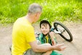 Grandpa calms grandson that fell from the bike