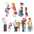 Grandpa and Grandma Cooking, Walking, Reading Newspaper and Playing with Grandchild Vector Illustration Set