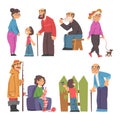 Grandpa and Grandma Knitting, Fishing, Walking the Dog and Playing with Their Grandson Vector Illustration Set Royalty Free Stock Photo
