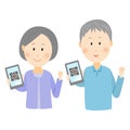 Grandpa and grandma paying QR code on their smartphones