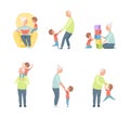 Grandpa and Grandma Playing Toy Blocks with Their Grandson and Reading Book Vector Set