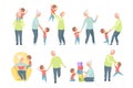 Grandpa and grandma playing, walking and having fun with their grandson set vector Illustrations on a white background Royalty Free Stock Photo