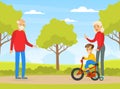 Grandpa and Grandma Walking in Park with Grandson, Boy Riding Bike Cartoon Vector Illustration Royalty Free Stock Photo